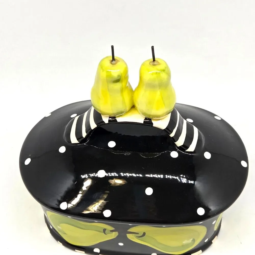Lynn Morris Studio Pottery Black White Polka Dots Green Pear Covered Dish VGC